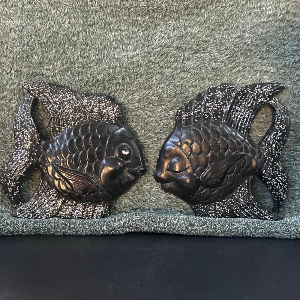 1954 Miller Studios Chalkware Kissing Fish Plaster Black and Sparkly MCM